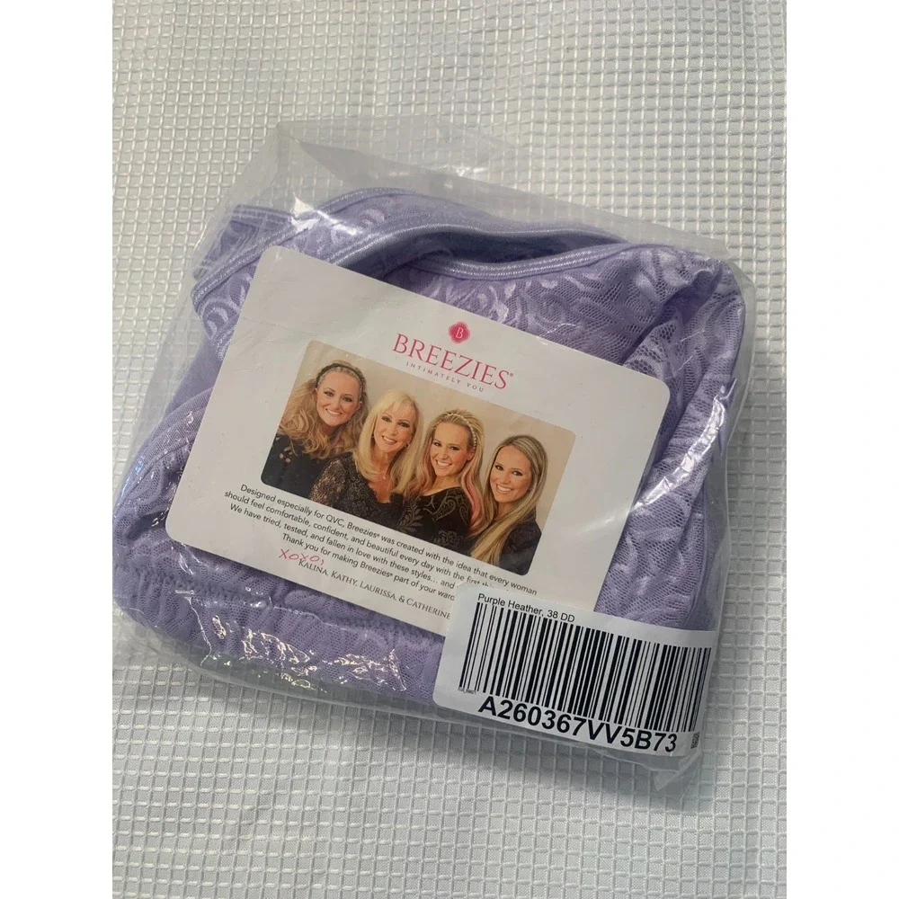 (D-115) Breezies Lace Bra 38DD Purple Front Closure Wireless Comfort QVC New